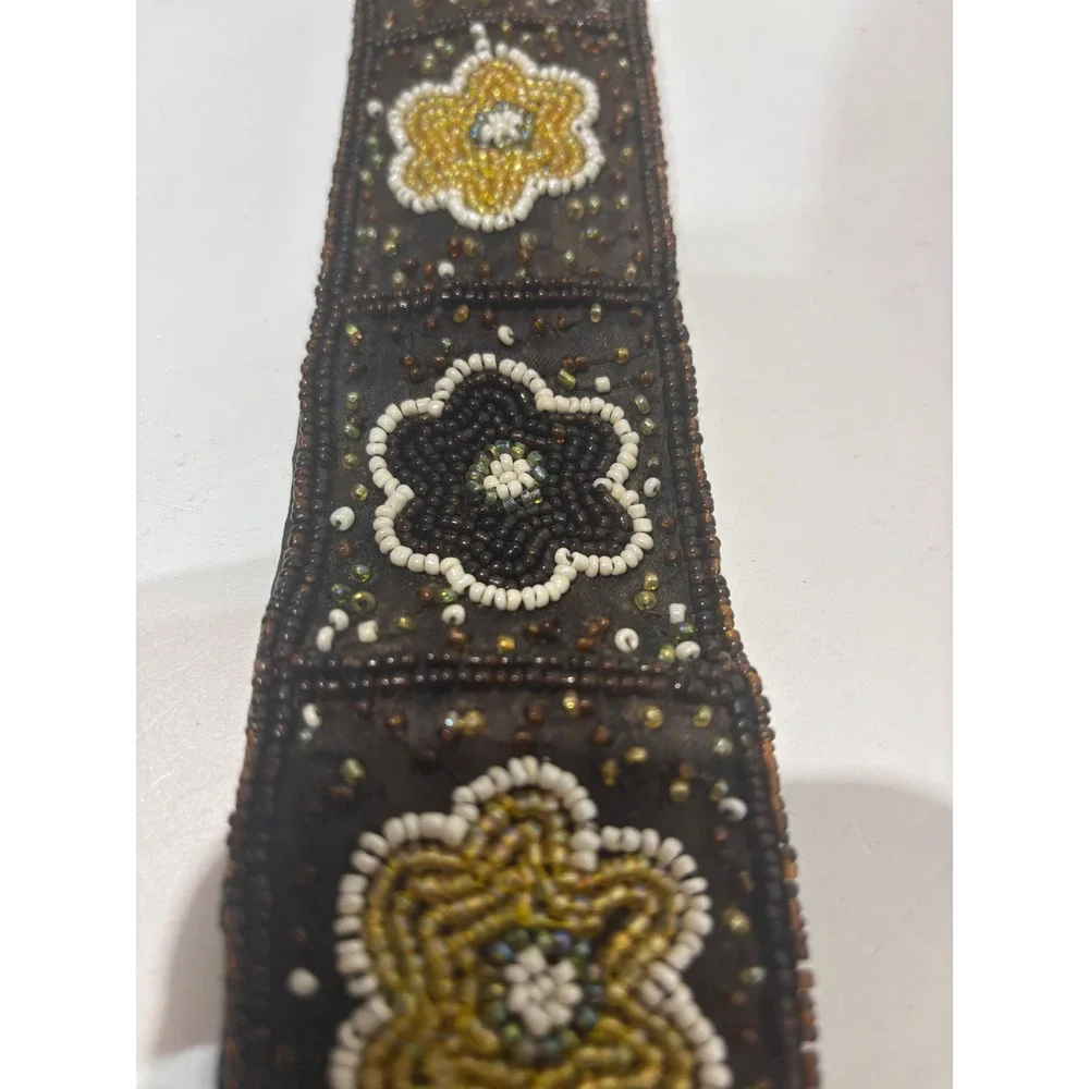 VTG India Beaded Floral Leather Belt Womens Medium Brown Gold Boho Wide Waist